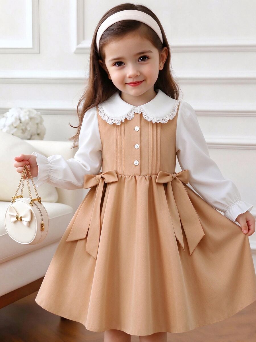 SHEIN Elladie kids 女童柔軟卡其色純白色泡泡長袖洋裝，秋季返校休閒公主仙女風針織寬鬆抓皺度假裙，7歲生日