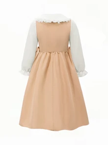 SHEIN Elladie kids 女童柔軟卡其色純白色泡泡長袖洋裝，秋季返校休閒公主仙女風針織寬鬆抓皺度假裙，7歲生日 - 卡其色 - 查看 3
