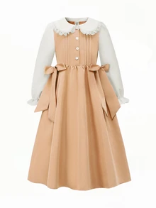 SHEIN Elladie kids 女童柔軟卡其色純白色泡泡長袖洋裝，秋季返校休閒公主仙女風針織寬鬆抓皺度假裙，7歲生日 - 卡其色 - 查看 6