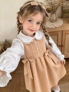 SHEIN Elladie kids 女童柔軟卡其色純白色泡泡長袖洋裝，秋季返校休閒公主仙女風針織寬鬆抓皺度假裙，7歲生日 - 卡其色 - 查看 4