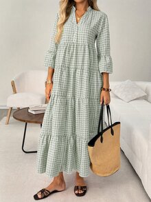 SHEIN LUNE 休閒熱帶波希米亞鄉村風女款秋季海灘度假野餐早午餐洋裝 綠色與白色格紋 - 灰綠 - 查看 5