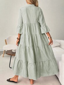 SHEIN LUNE 休閒熱帶波希米亞鄉村風女款秋季海灘度假野餐早午餐洋裝 綠色與白色格紋 - 灰綠 - 查看 2