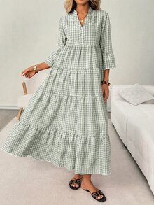 SHEIN LUNE 休閒熱帶波希米亞鄉村風女款秋季海灘度假野餐早午餐洋裝 綠色與白色格紋 - 灰綠 - 查看 4