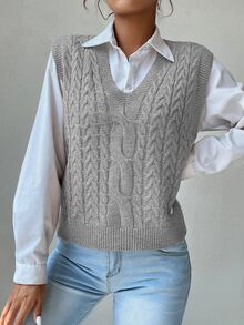 SHEIN PariChic V領麻花編織毛衣背心 - 灰色 - 查看 3