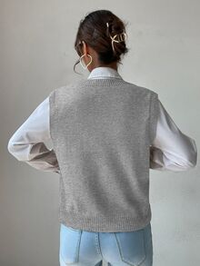SHEIN PariChic V領麻花編織毛衣背心 - 灰色 - 查看 2