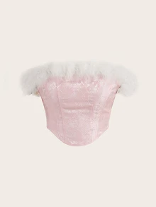SHEIN ICON Top De Hombros Descubiertos De Jacquard De Satén Para Mujeres Con Detalle De Flecos - Rosa - Ver 8