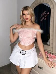 SHEIN ICON Top De Hombros Descubiertos De Jacquard De Satén Para Mujeres Con Detalle De Flecos - Rosa - Ver 3