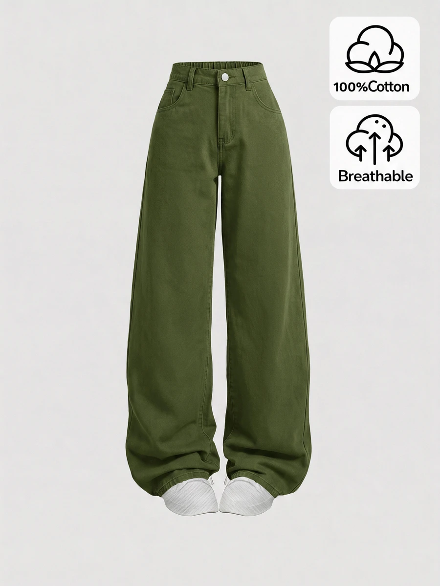 SHEIN Girlism 青少年女孩口袋寬腿寬鬆休閒百搭牛仔褲 - 軍綠色 - 查看 1