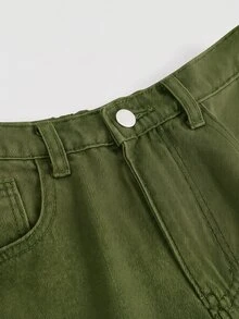 SHEIN Girlism 青少年女孩口袋寬腿寬鬆休閒百搭牛仔褲 - 軍綠色 - 查看 4