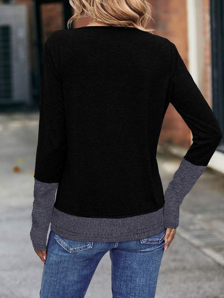 SHEIN Two Tone Long Sleeve Tee Graphic Tees Women Tops For Spring Fall For Women - Black - View 2