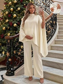 SHEIN Elegant Maternity Commute Solid Color Cape Top & Pants 2 Pieces Set Winter - Apricot - View 2