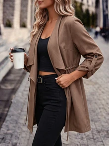 Linhara CURVE Women's Fall/Winter Lapel Ruffle Belted Trench Coat, Long-Sleeve Drawstring Waist Mid-Length Jacket,Occasion Wear For Daily Commute Business - Coffee Brown - View 7