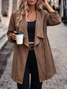 Linhara CURVE Women's Fall/Winter Lapel Ruffle Belted Trench Coat, Long-Sleeve Drawstring Waist Mid-Length Jacket,Occasion Wear For Daily Commute Business - Coffee Brown - View 6