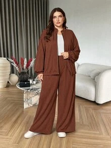 Modelyn Plus Size Women's Knitted Zip-Up Long Sleeve Jacket And Pants Set - Mocha Brown - View 1