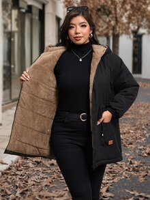 SHEIN Clasi 大尺碼人造兔毛內裡連帽拼接設計羽絨外套，黑色冬季休閒寬鬆優雅款，適合假期度假與外出穿著 - 黑色 - 查看 9