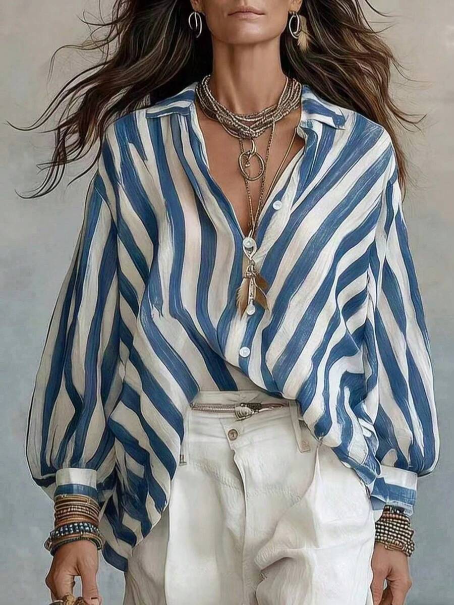 Linhara CURVE Women's Fashion Elegant Long Sleeve Blue & White Wide Striped Drop Shoulder Blouse, Suitable For Daily Commute Wear Fall - Blue - View 1