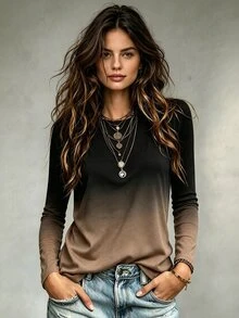Glimmora تي شيرت نسائي بياقة دائرية وألوان متباينة للارتداء اليومي الكاجوال بأكمام طويلة - متعدد الألوان - مشاهدة 1