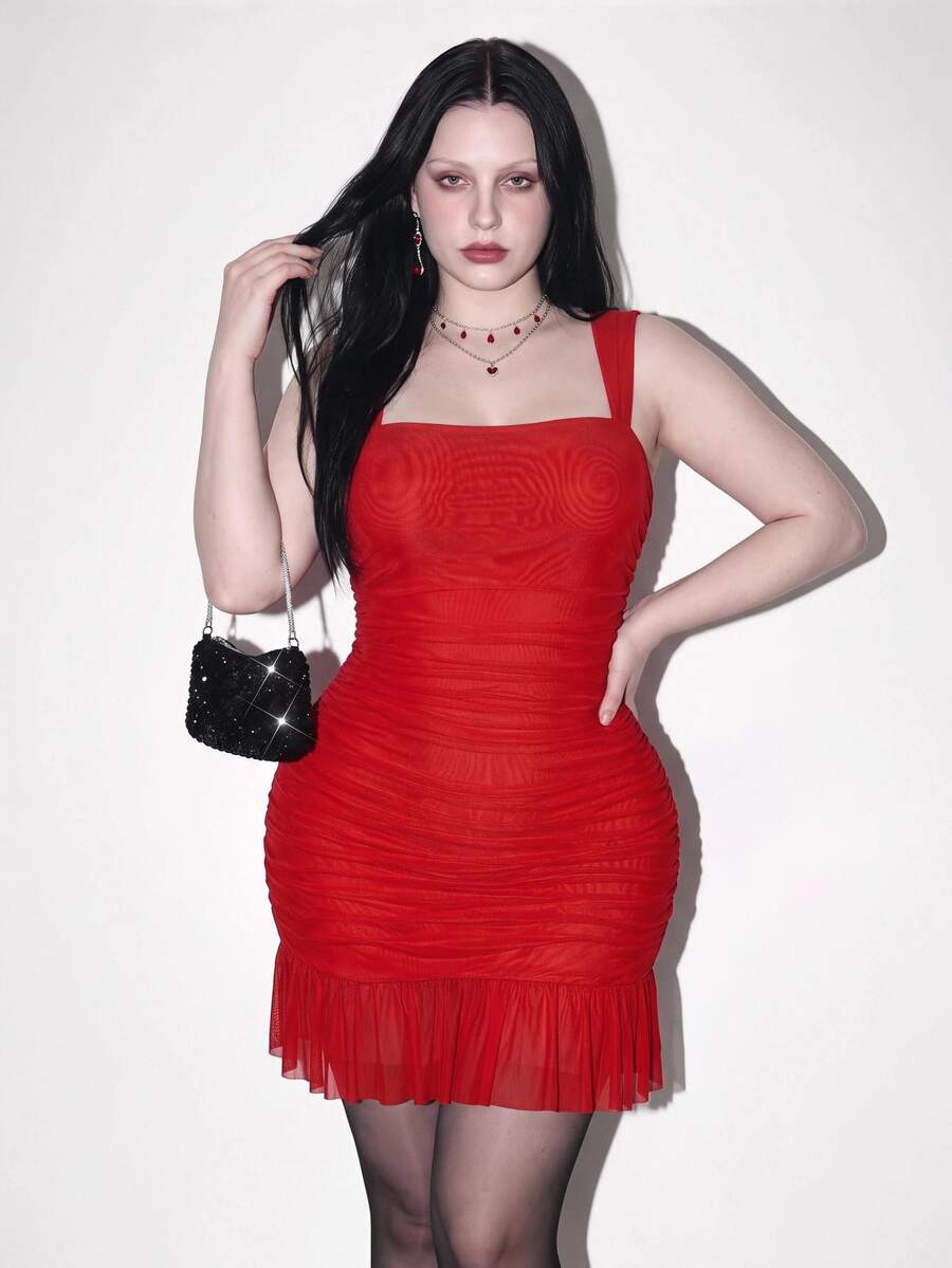 SHEIN ICON Plus Size Women's Red Summer Satin Party Date Night Retro 70's Sexy Mesh Gathered Slim Fit Ruffle Simple Elegant Banquet Ball Wedding Dress - Red - View 1