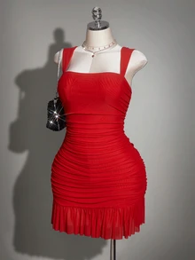 SHEIN ICON Plus Size Women's Red Summer Satin Party Date Night Retro 70's Sexy Mesh Gathered Slim Fit Ruffle Simple Elegant Banquet Ball Wedding Dress - Red - View 4