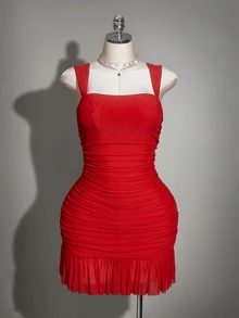 SHEIN ICON Plus Size Women's Red Summer Satin Party Date Night Retro 70's Sexy Mesh Gathered Slim Fit Ruffle Simple Elegant Banquet Ball Wedding Dress - Red - View 3