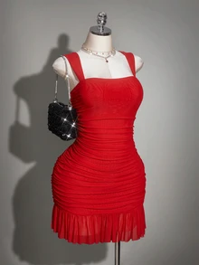 SHEIN ICON Plus Size Women's Red Summer Satin Party Date Night Retro 70's Sexy Mesh Gathered Slim Fit Ruffle Simple Elegant Banquet Ball Wedding Dress - Red - View 6