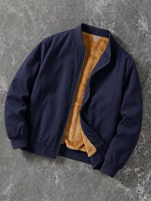 SHEIN 兒童青少年男孩羊毛內裡拉鍊棒球夾克外套，多功能適用通勤、上學、日常休閒、大學、旅行、運動，秋冬款 - 藏蓝色 - 查看 1