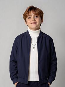 SHEIN 兒童青少年男孩羊毛內裡拉鍊棒球夾克外套，多功能適用通勤、上學、日常休閒、大學、旅行、運動，秋冬款 - 藏蓝色 - 查看 2