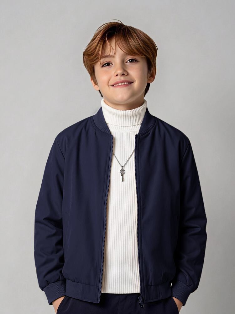 SHEIN Kids Tween Boys Wool Lined Zipper Baseball Jacket Coat, Multi-Functional For Commuting, School, Daily Casual, College, Travel, Sports, Autumn/Winter - Navy Blue - View 2