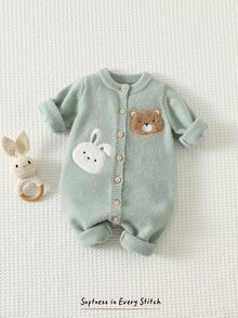 Cozy Pixies 新生兒嬰兒 3D 毛絨卡通圖案可愛休閒針織連身衣 - 綠色 - 查看 7