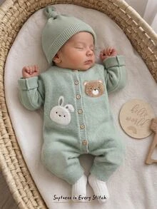 Cozy Pixies 新生兒嬰兒 3D 毛絨卡通圖案可愛休閒針織連身衣 - 綠色 - 查看 11