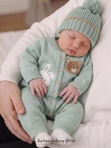 Cozy Pixies 新生兒嬰兒 3D 毛絨卡通圖案可愛休閒針織連身衣 - 綠色 - 查看 1