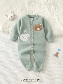 Cozy Pixies 新生兒嬰兒 3D 毛絨卡通圖案可愛休閒針織連身衣 - 綠色 - 查看 10
