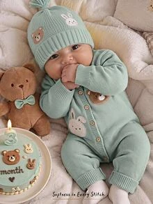 Cozy Pixies 新生兒嬰兒 3D 毛絨卡通圖案可愛休閒針織連身衣 - 綠色 - 查看 8
