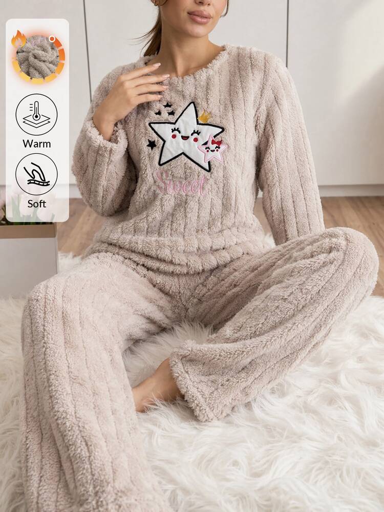 SHEIN Cottnline Sweet Cute Casual Star Embroidered Textured Plush Lounge Set Beige Winter - Beige - View 1