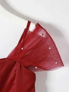 女童藍色正式禮服，露肩網紗大裙擺優雅洋裝，輕盈柔軟面料，適合度假、畢業典禮、開學季、婚禮季及出席各種舞會與正式場合 - 紅色 - 查看 10