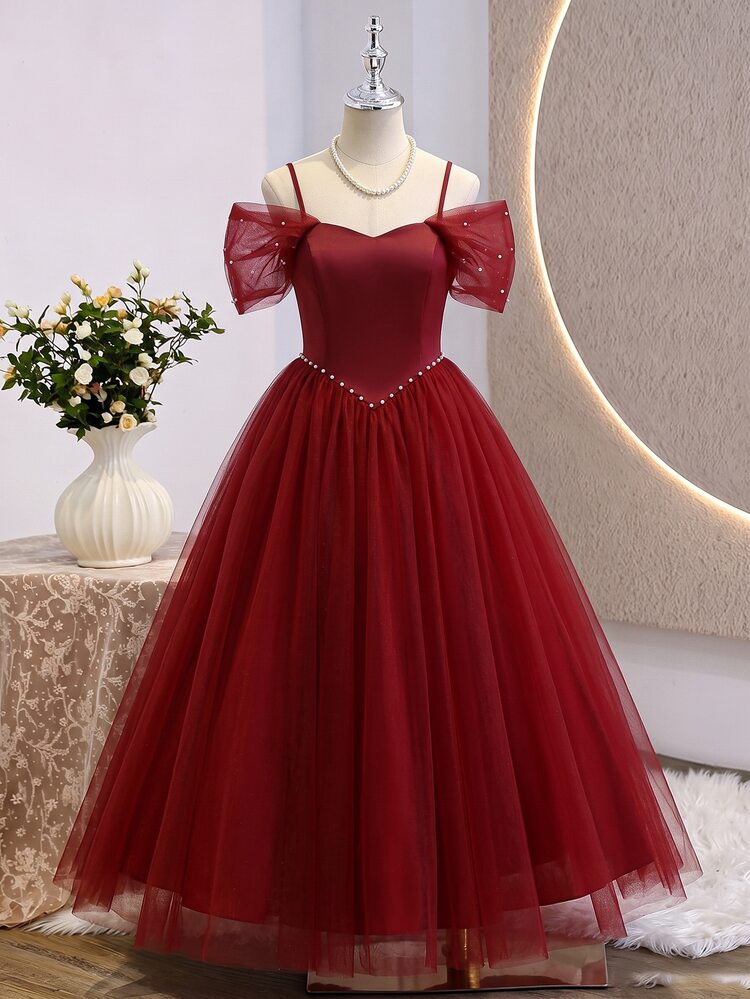 Girls Blue Formal Dress, Off-Shoulder Mesh Full Skirt Elegant Dress, Lightweight Soft Fabric Dress, Suitable For Vacation, Graduation Ceremony, School Season, Wedding Season, Attending Various Balls And Formal Occasions - Red - View 2