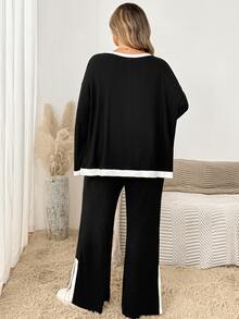 SHEIN CURVE+ 2pcs/Set Plus Size Contrast Trim Ribbed Crew Neck Long Sleeve Top And Slit Leg Pants Women's Winter Outfit Fall - Black and White - View 2