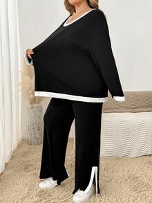 SHEIN CURVE+ 2pcs/Set Plus Size Contrast Trim Ribbed Crew Neck Long Sleeve Top And Slit Leg Pants Women's Winter Outfit Fall - Black and White - View 6