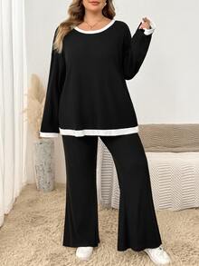 SHEIN CURVE+ 2pcs/Set Plus Size Contrast Trim Ribbed Crew Neck Long Sleeve Top And Slit Leg Pants Women's Winter Outfit Fall - Black and White - View 3