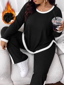 SHEIN CURVE+ 2pcs/Set Plus Size Contrast Trim Ribbed Crew Neck Long Sleeve Top And Slit Leg Pants Women's Winter Outfit Fall - Black and White - View 1