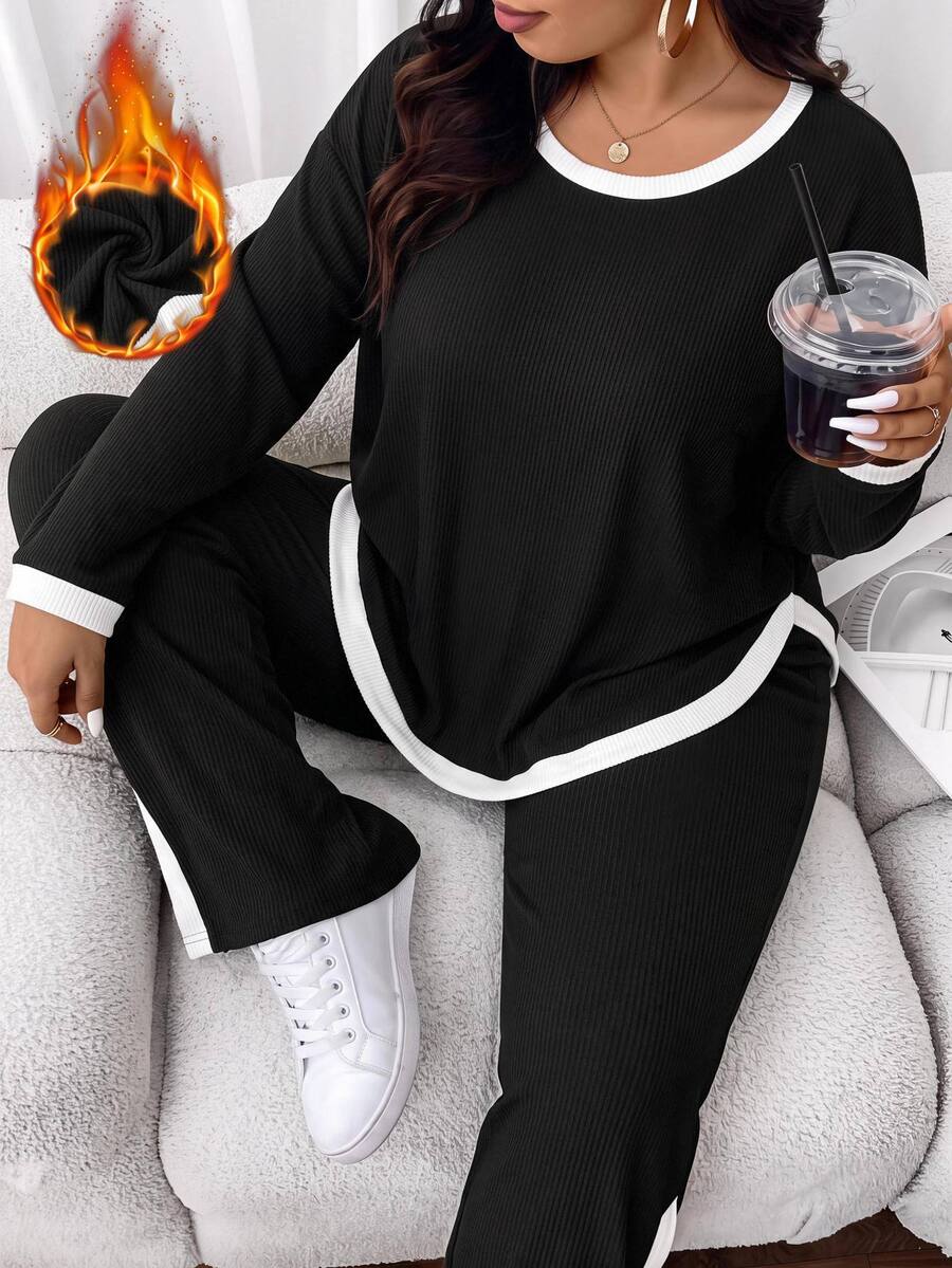 SHEIN CURVE+ 2pcs/Set Plus Size Contrast Trim Ribbed Crew Neck Long Sleeve Top And Slit Leg Pants Women's Winter Outfit Fall - Black and White - View 1