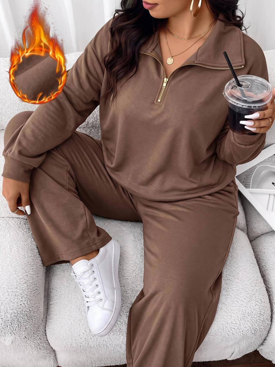 SHEIN CURVE+ Plus Size 22W Solid Color Drop Shoulder Long Sleeve Zip-Up Half Placket Hoodie And Pants Casual Básica 2 Fall Vacation Home Brown - Brown - View 1