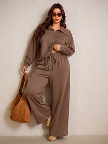 SHEIN CURVE+ Plus Size 22W Solid Color Drop Shoulder Long Sleeve Zip-Up Half Placket Hoodie And Pants Casual Básica 2 Fall Vacation Home Brown - Brown - View 4