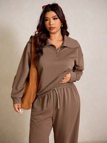 SHEIN CURVE+ Plus Size 22W Solid Color Drop Shoulder Long Sleeve Zip-Up Half Placket Hoodie And Pants Casual Básica 2 Fall Vacation Home Brown - Brown - View 3