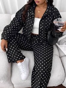 SHEIN CURVE+ Women's Fashion Casual Polka Dot Print Zip-Up Jacket & Pants 2 Pieces Set Fall - Black - View 1
