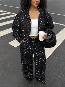 SHEIN CURVE+ Women's Fashion Casual Polka Dot Print Zip-Up Jacket & Pants 2 Pieces Set Fall - Black - View 3