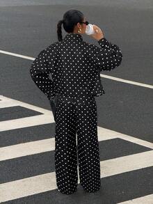 SHEIN CURVE+ Women's Fashion Casual Polka Dot Print Zip-Up Jacket & Pants 2 Pieces Set Fall - Black - View 8