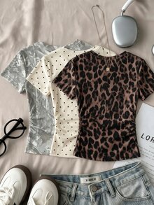 Teen Girls Casual Minimalist Fashion Vintage Leaf Pattern, Round Neck Ruched Waist Fitted Short Sleeve T-Shirt, Suitable For Spring/Summer Versatile Style Y2K, Easy Comfort, Tops, Chill, Striped - Multicolor - View 2