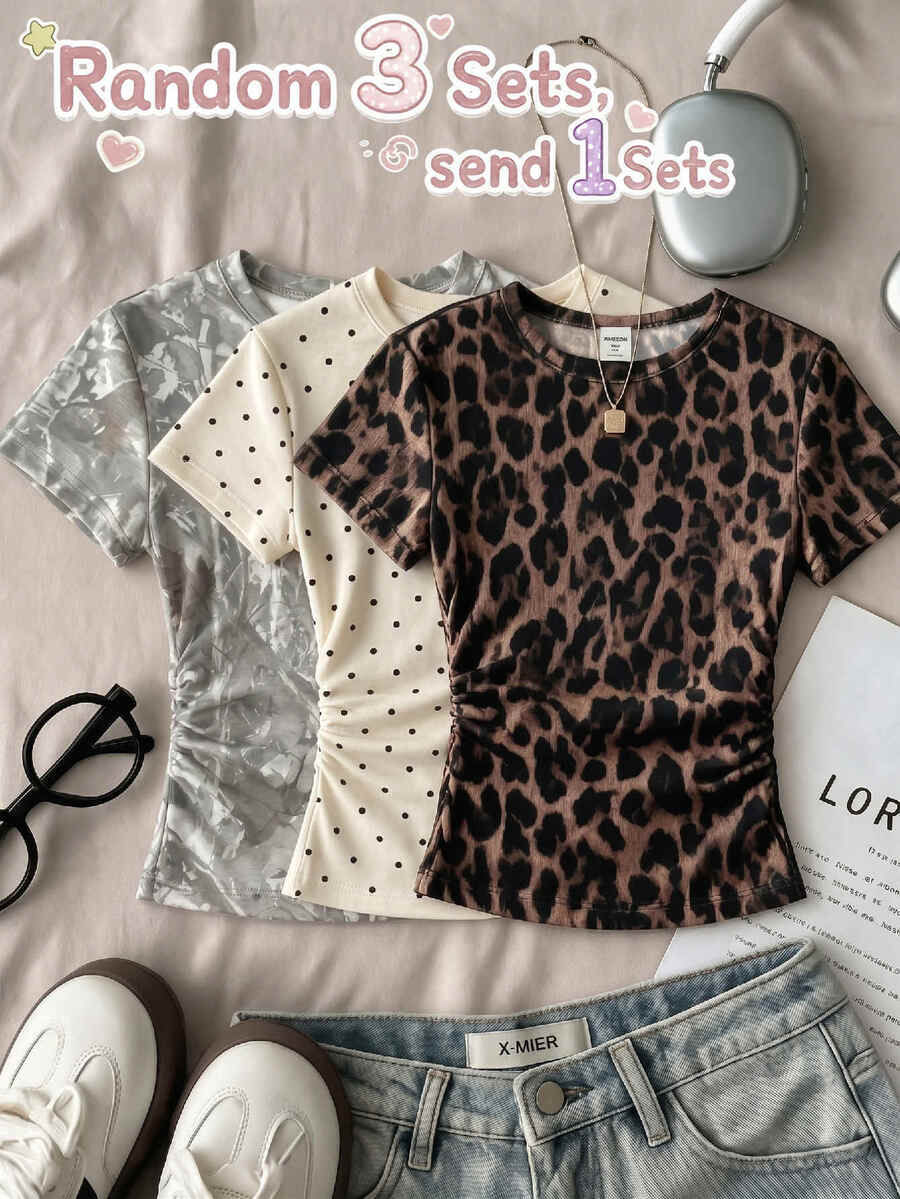 Teen Girls Casual Minimalist Fashion Vintage Leaf Pattern, Round Neck Ruched Waist Fitted Short Sleeve T-Shirt, Suitable For Spring/Summer Versatile Style Y2K, Easy Comfort, Tops, Chill, Striped - Multicolor - View 1