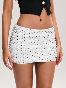 Sweetina Women's Polka Dot Print Pleated Bodycon Mini Skirt White Sequin Skirt Rhinestone Skirt - Black and White - View 3